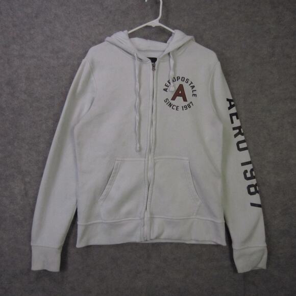 Aeropostale Hoodie Womens Medium White Zip Up Sweatshirt AERO 1987 Graphic - Picture 1 of 16